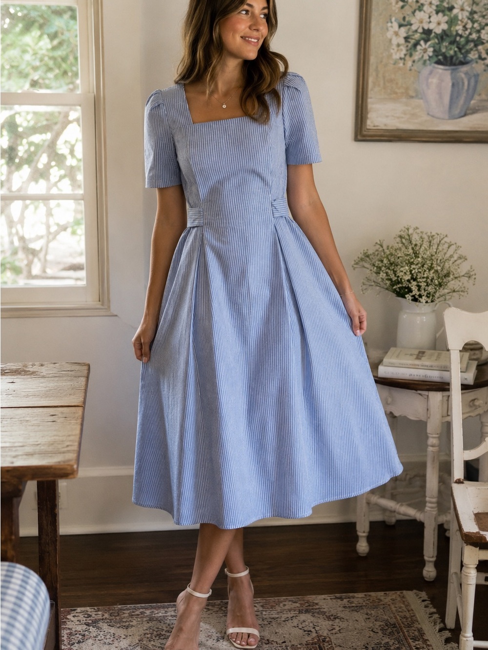 Blue Pinstripe Square Neck Midi Dress Cottagecore Coquette